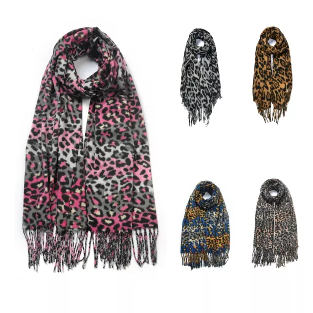 Boutique Leopard Print Cashmere Blend Woman Girl  Tassel Hem Winter Scarf