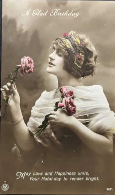 Pretty Edwardian Young Woman, Birthday Tinted Real Photo E.J Hey Postcard 1911
