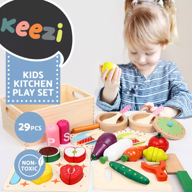 Keezi Kids Wooden Kitchen Pretend Play Toys Cooking Utensils Set Pots Pans Food