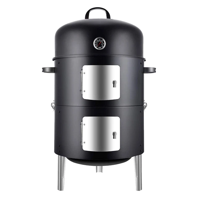 Vertical Heavy Duty Round Steel Charcoal Outdoor Smoker, Black (Used)