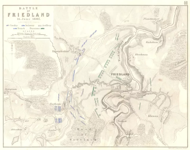BATTLE OF FRIEDLAND. PRAVDINSK. 14th June 1807. Poland. Napoleonic Wars 1848 map