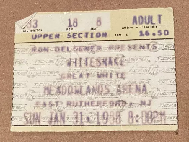 Vintage Used Concert Ticket Whitesnake/Great White 1/31/1988 tt1