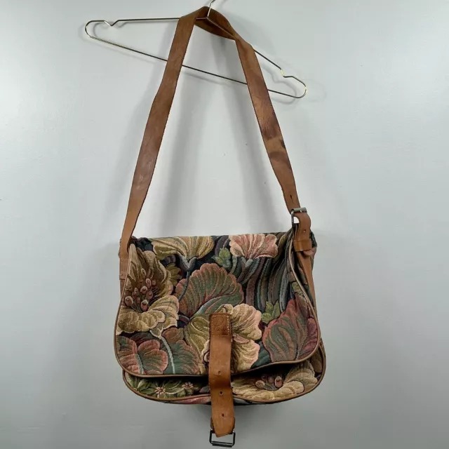RULA Tapestry Bag Messenger Shoulder Leather Straps Floral Pattern Vintage
