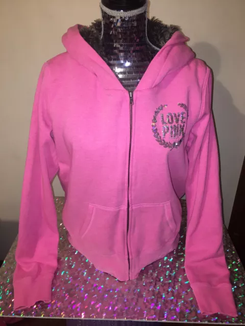 VICTORIA SECRET PINK Bling Faux Fur Lined Pink Hoodie LARGE $16.00 -  PicClick