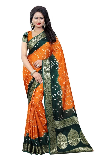 Women's Green Latest Zari Woven Design Bandhani Art Silk Saree & Blouse MT990