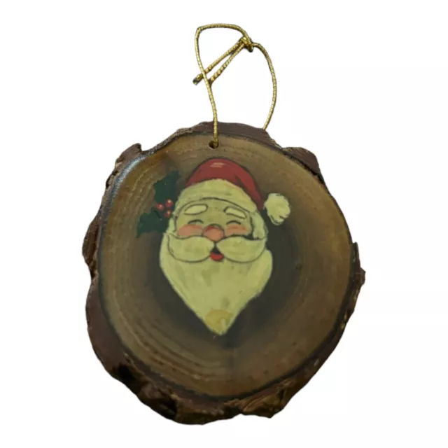 Vintage Christmas Ornament 1984 Santa Hand Painted On A Wood Slice Year On Back 2