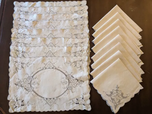Elegant Set of 8 vintage Linen Placemats and 8 Napkins Ecru with gray embroidery