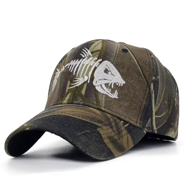 Luminoso pesca hombres gorra de béisbol camuflaje caza sombrero pescado hueso