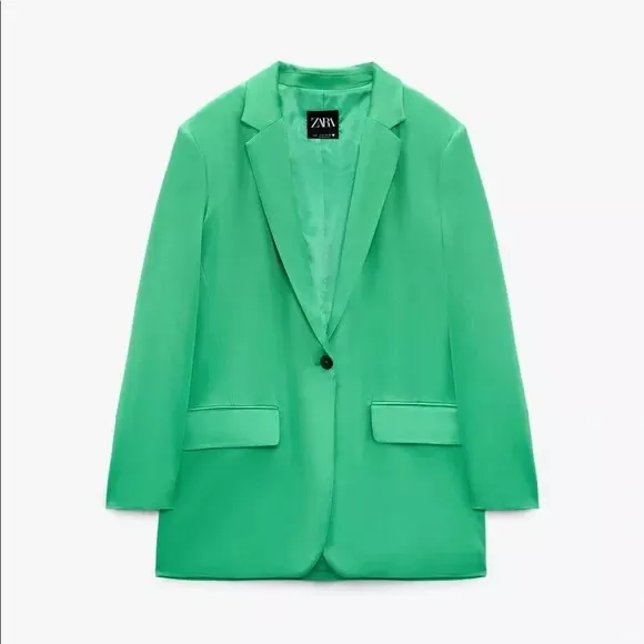 Zara Woman Blazer Straight Cut Satin Effect Green Size S New