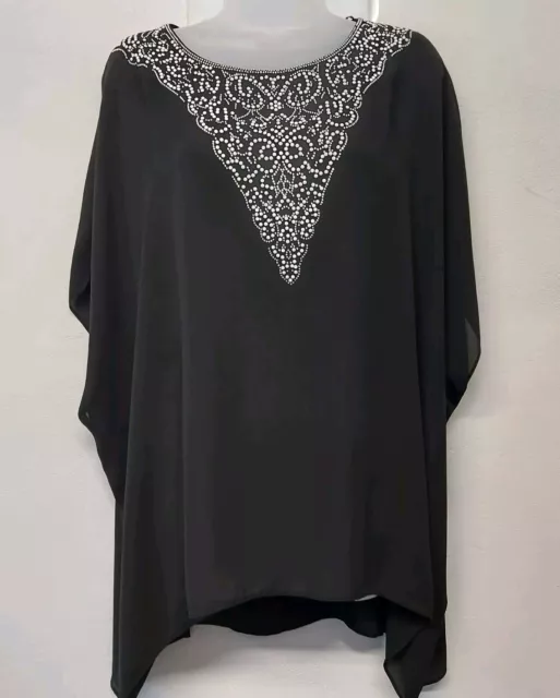 Evans Ladies Tunic Top Size 20 Black V Neck Beaded Gems Detail VGC...