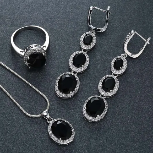 Fashion Women 925 Silver Black Onyx Ring Earrings Necklace Wedding Jewelry Set
