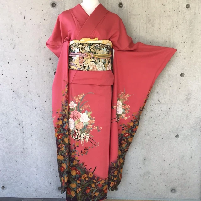 Japanese Kimono Pure Silk Long-sleeved Kimono Furisode 160.5cm Floral Floats Red
