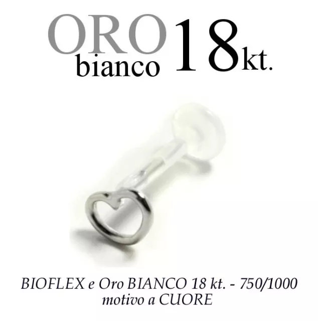 Piercing Labret Bioflex Tragus Oreille Cœur or Blanc 18kt. White Or