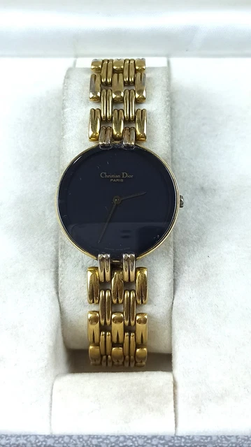 Golden Christian Dior Paris Watch Vintage Wristwatch Luxur Round Black Dial 11