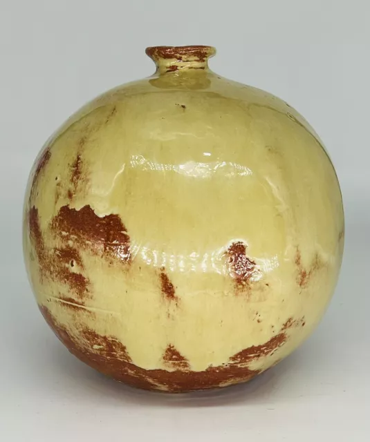 Artist Signed Round Pottery Jug Bottle Vase Orange Yellow 7” MCM