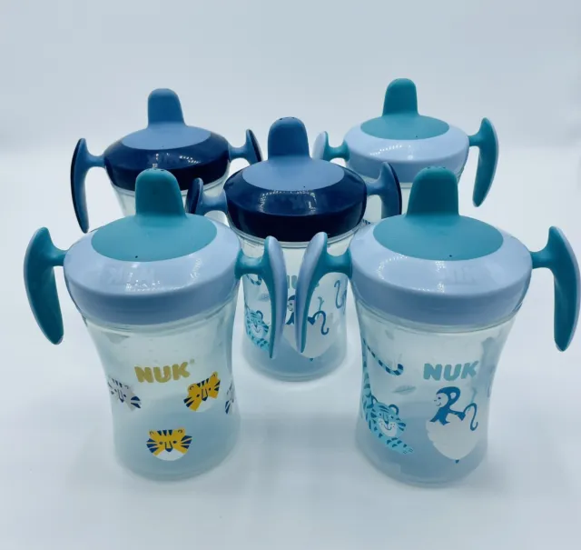 NUK Evolution Soft Spout Learner Sorppy Cup 8 OZ Lote de 5 Blue Lions Monkeys