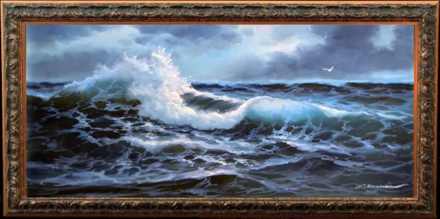 Extra large seascape "Ocean waves in a moonlit night" listed artist oil painting