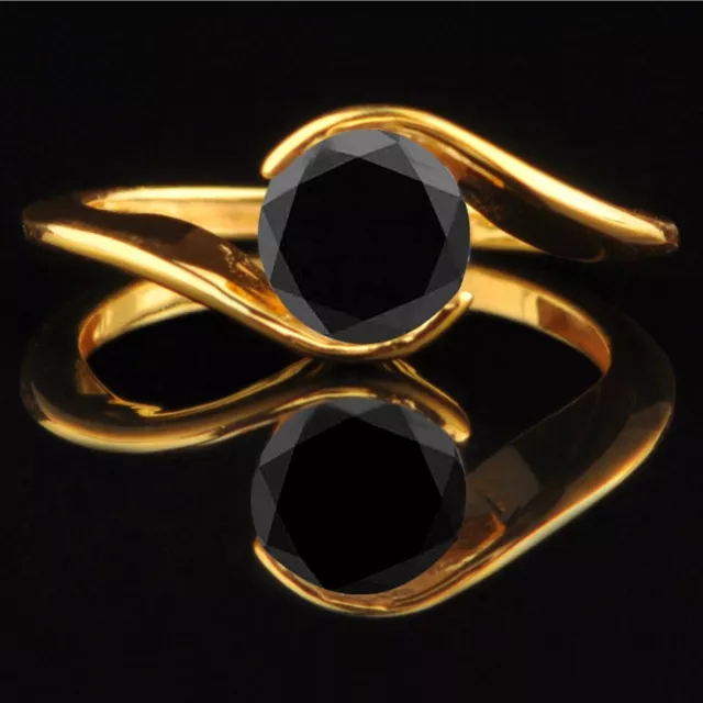 1.50Ct Round Shape Natural Jet Black Diamond Women's Ring In 14KT Yellow Gold