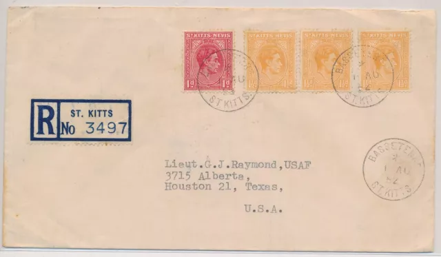 BV22237 St Kitts 1952 a Texas cubierta registrada con bonitas cancelaciones usadas