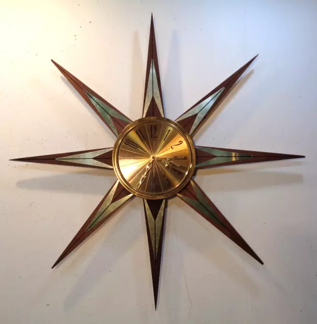 VTG Mid Century Modern Welby Starburst Sunburst Wall Clock Battery 25"