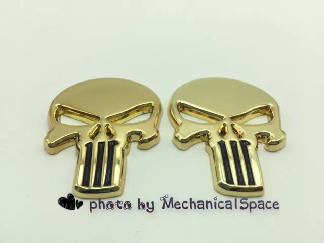 2X Gold 3D Metal Skull Car Motorcycle Auto Tank Sticker Emblem Decal