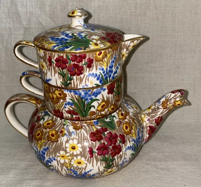 Royal Winton Grimwades Marguerite Chintz Mini Teapot Stacking W/Creamer & Sugar