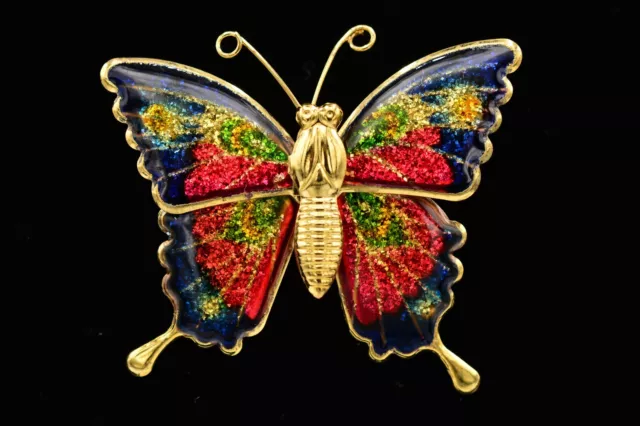 Vintage Butterfly Pin Brooch Metallic Mosaic Enamel Gold Tone Bin1