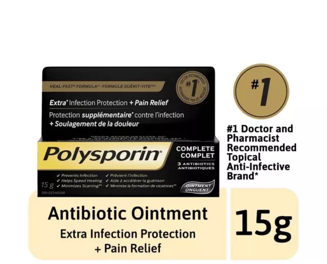 Polysporin COMPLETE Heal Fast Ointment Pain Relief Vitamin E 15g From Canada