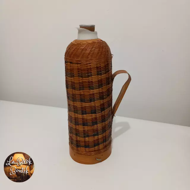 Rare Ancien Thermos en Rotin / Osier  Tressé Vichy Vintage