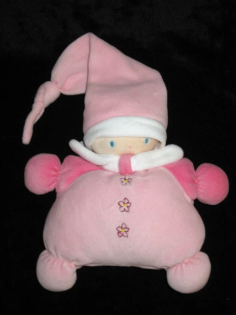 Doudou Hochet Grelot rose Lutin Poupée Fille avec bonnet fleurs Nounours