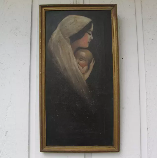 1890s MADONNA MARY & BABY JESUS Small Oil Painting FOLK ART ANTIQUE