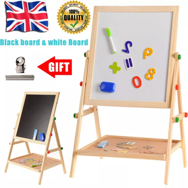 Children 2 In 1 Adjustable Black/White Board Wooden Easel Kids Drawing Board UK