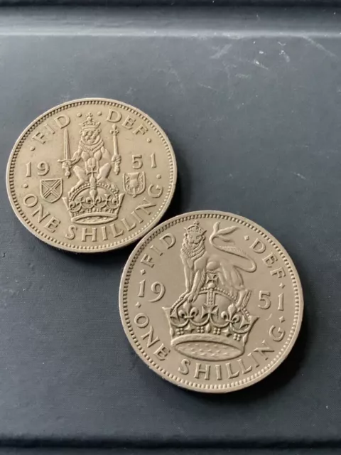 1951,  English & Scottish shilling, 1/-, 12d coins. Free uk P&P