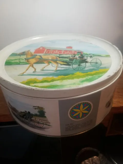 Vintage Round Tin Horse & Buggy Scenes Amish Hex Signs Pennsylvania Dutch Art