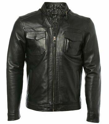 Men's Genuine Lambskin Leather Black Biker Jacket Trucker Style Retro Jacket new