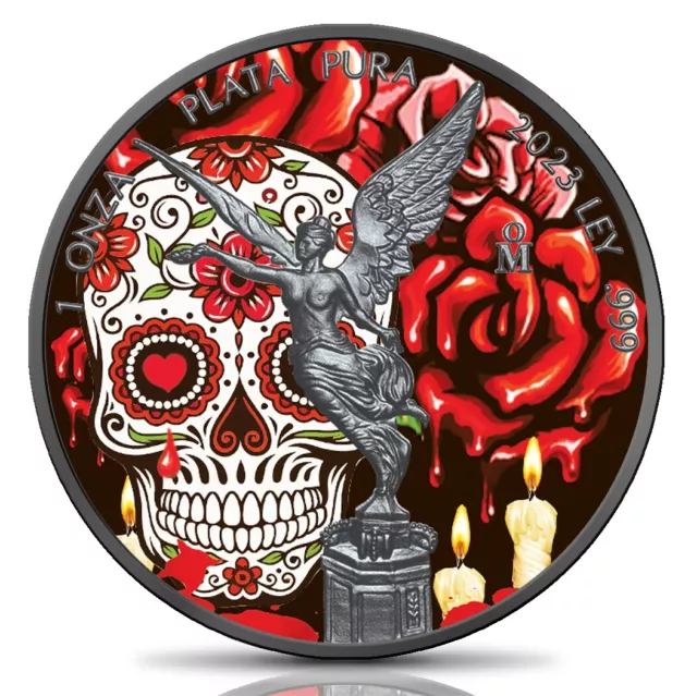 1 oz 999 Silver Mexican Libertad Dia de los Muertos Colorized & Ruthenium Plated