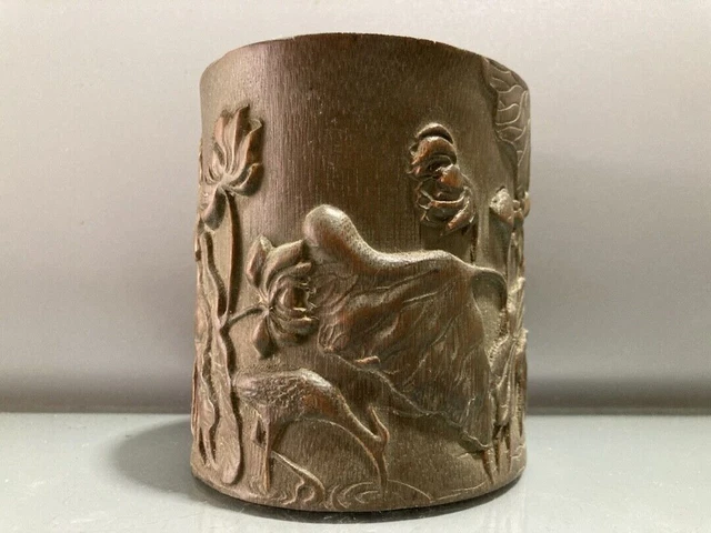 Chinese Old Bamboo Carved Lotus Brush Pot Collection Office Supplies Decor Art