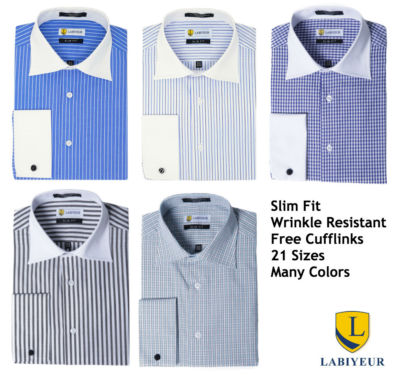 Men's Dress Shirt Slim Fit Long Sleeve Spread Collar French Cuffs from Labiyeur