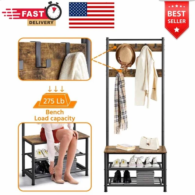 73& METAL HALL Tree Shoe Storage Bench Entryway Coat Rack w/ 9 Metal