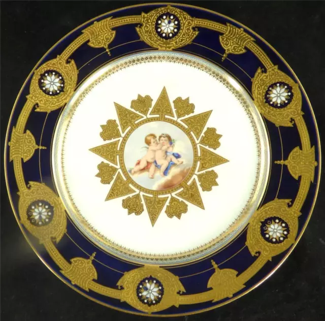 N516 ANTIQUE  FRENCH SEVRES STYLE PORCELAIN PLATE CHERUBS  COBALT BLUE ENAMEL b