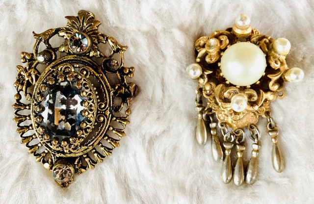 Broche Ancienne Métal Doré Et Pierre Bleue, Bijou Vintage Fantaisie