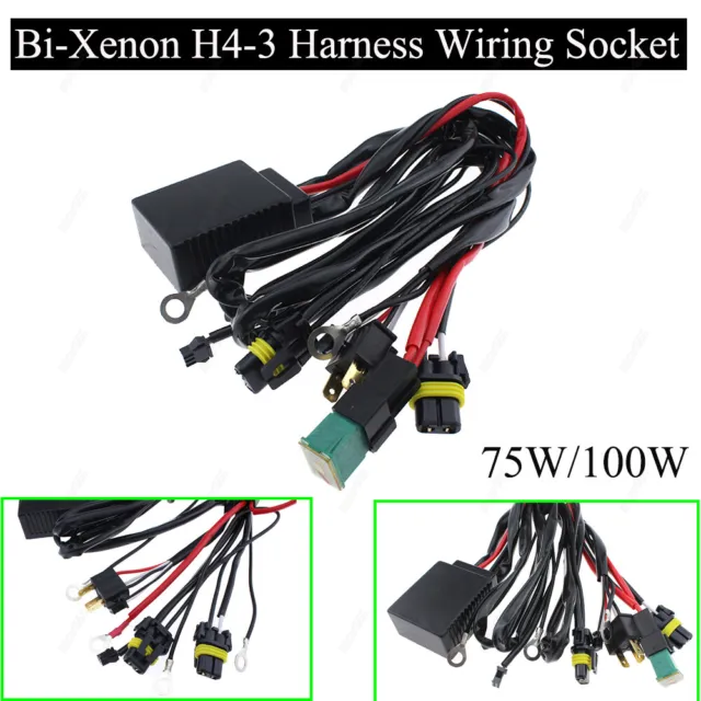 75W/100W HID Bi-Xenon H4-3 Bulbs High/Low Controller Fuse Relay Wiring Harness