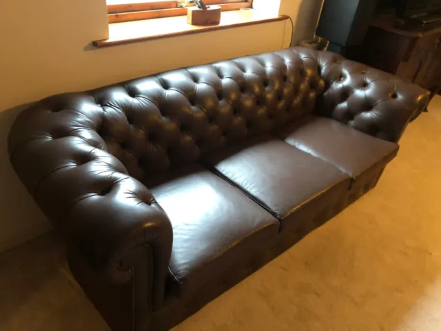 Chesterfield Brown Leather 3 Seater sofa and Club Chair
