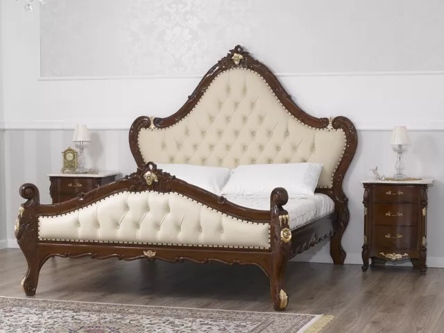 Cama matrimonial Bryanna estilo Barroco Inglés King Size nogal y hoja oro eco...