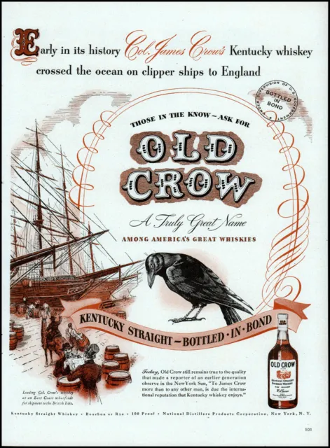 1947 Clipper Ships to England Old Crow Bourbon Barrels vintage art print ad L67