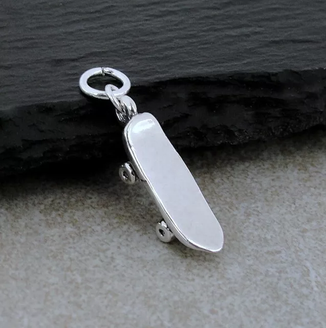 925 Sterling Silver Skateboard Charm - 3D Skateboard Pendant - Skater Charm Gift