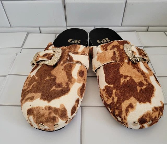 GB GIANNI BINI Australian Cow Calf Fur Brown Tan Mules Slides With Western Gold