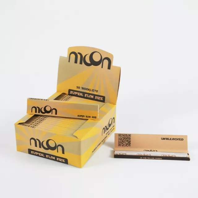 50 Booklets MOON Unbleached Rolling Papers King Size Super Slim 108 mm x 36 mm