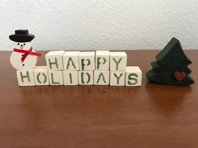 HAPPY HOLIDAYS Wooden BLOCKS  Miniature SIGN w/SNOWMAN & EVERGREEN TREE w/HEART