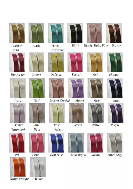 5 Metres of woven edge double sided quality satin ribbon in 4 widths 32 colours